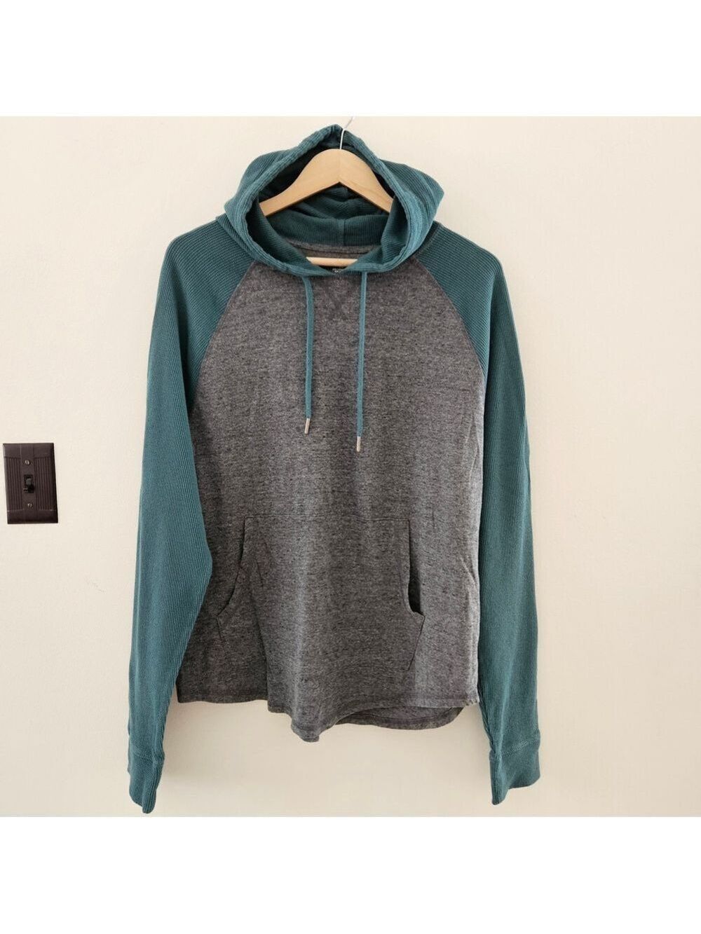 George Men’s Hooded Pullover Hoodie Size Large Grey & Teal Colorblock - Picture 2 of 5